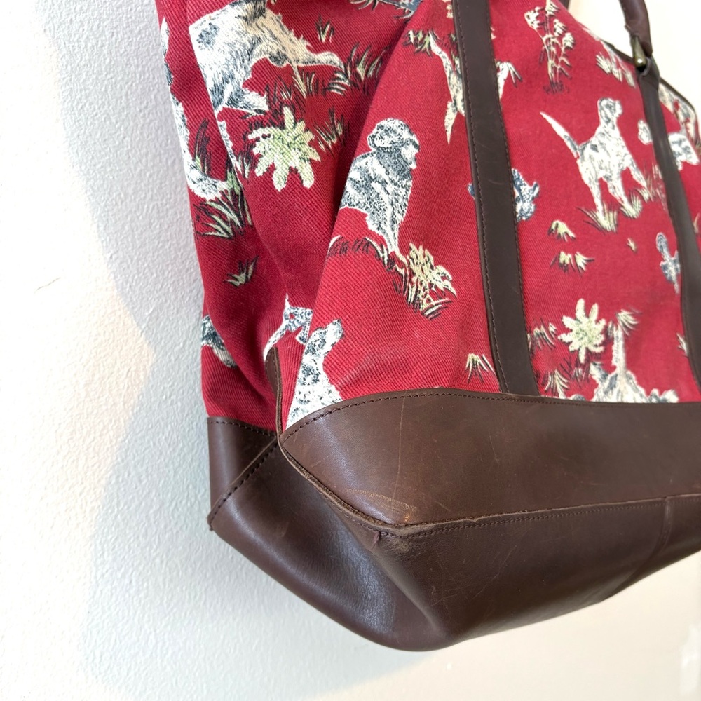 Vintage LL Bean red cotton canvas and leather hunting dog toile print tote bag - Picture 6 of 13